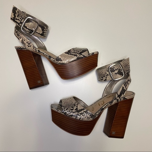Sam Edelman Rain Snake Chunky Platform Sandal Heels Square Toe Ankle Strap - Picture 3 of 14